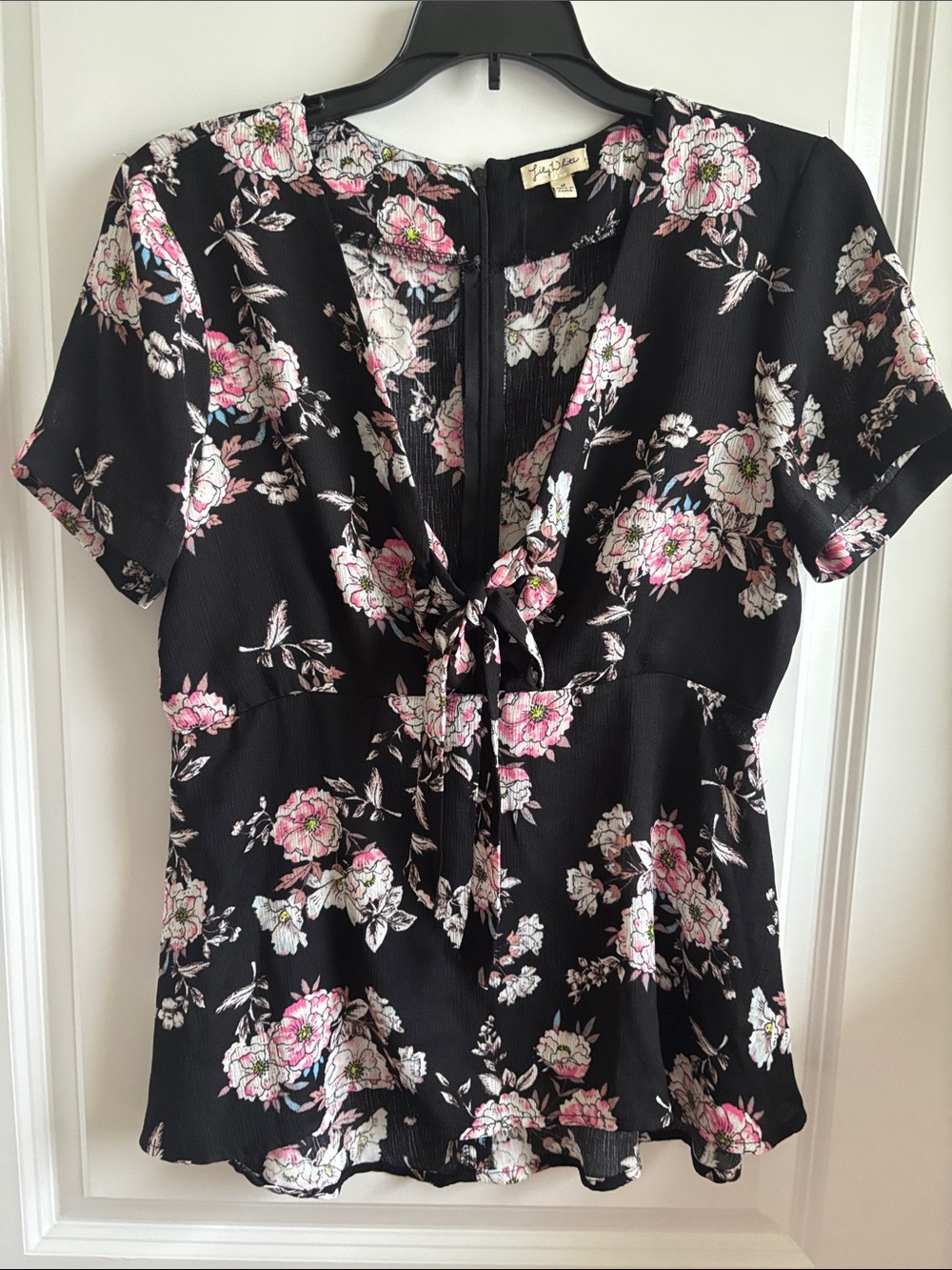 Lily White Black Floral Tie-Front Blouse with Pink Accents